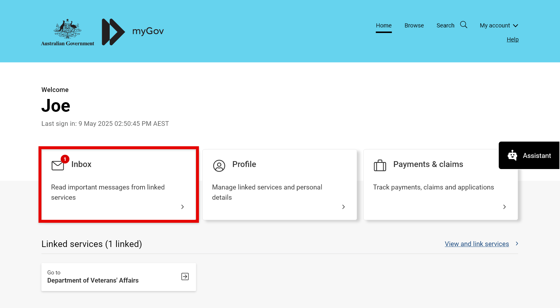 Screenshot to show how to select the 'Inbox' tile on myGov page