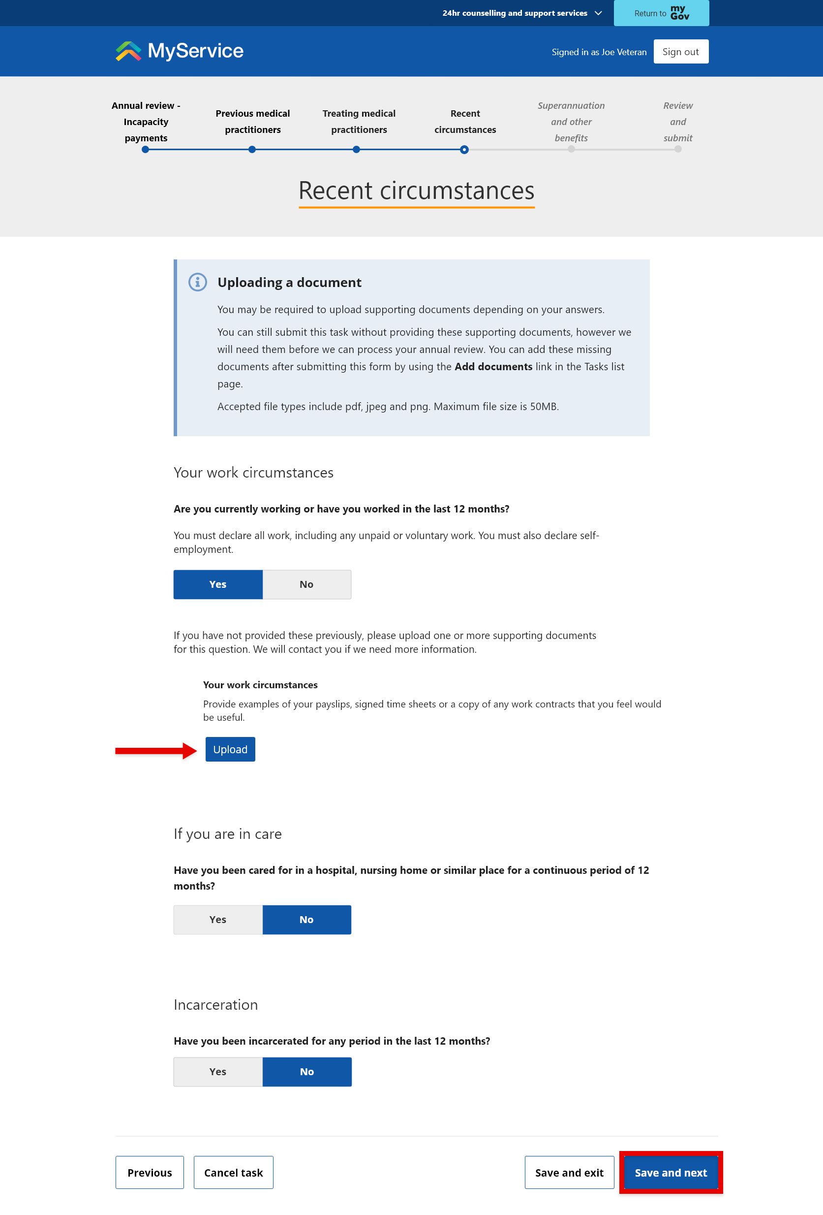 'Recent circumstances' screen.