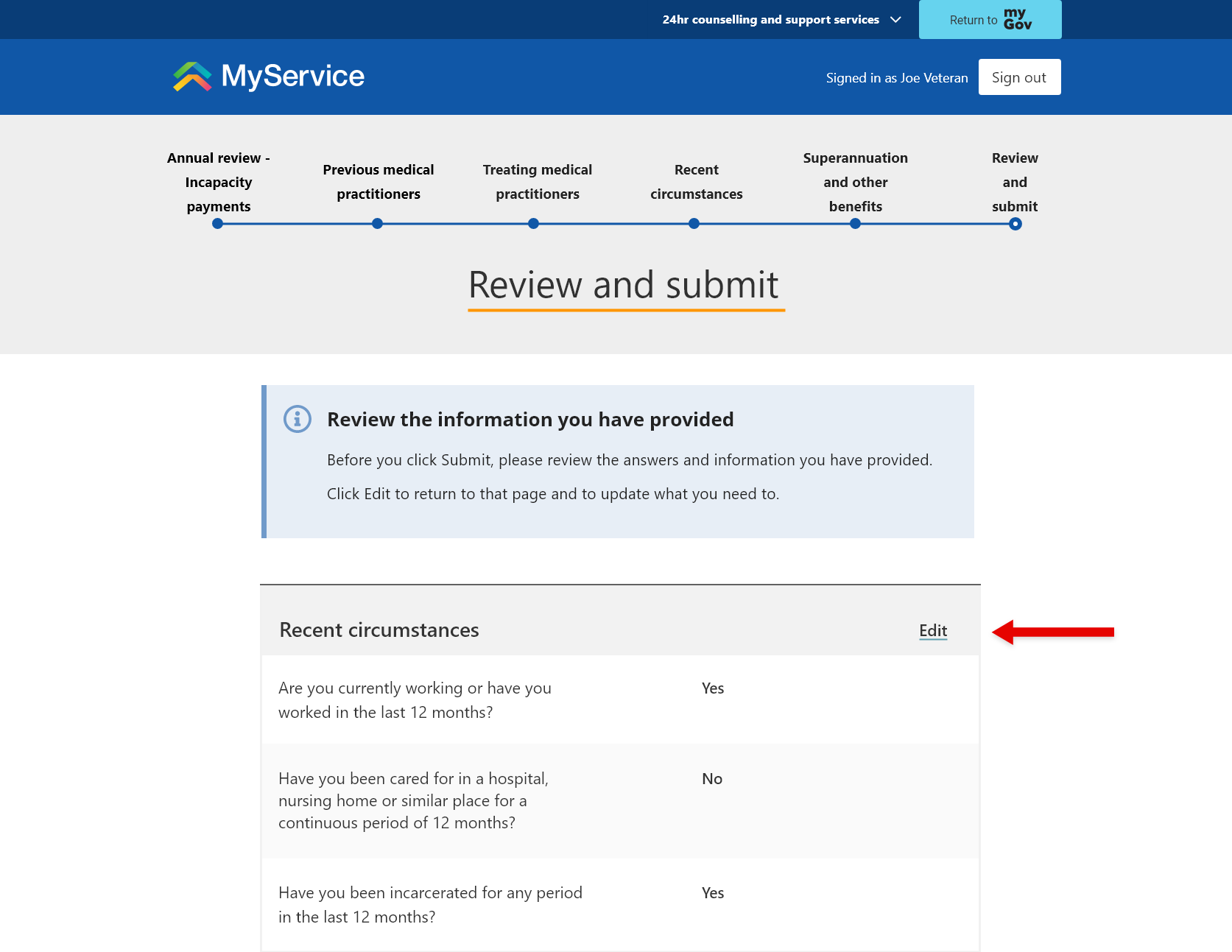 'Review and submit' screen.