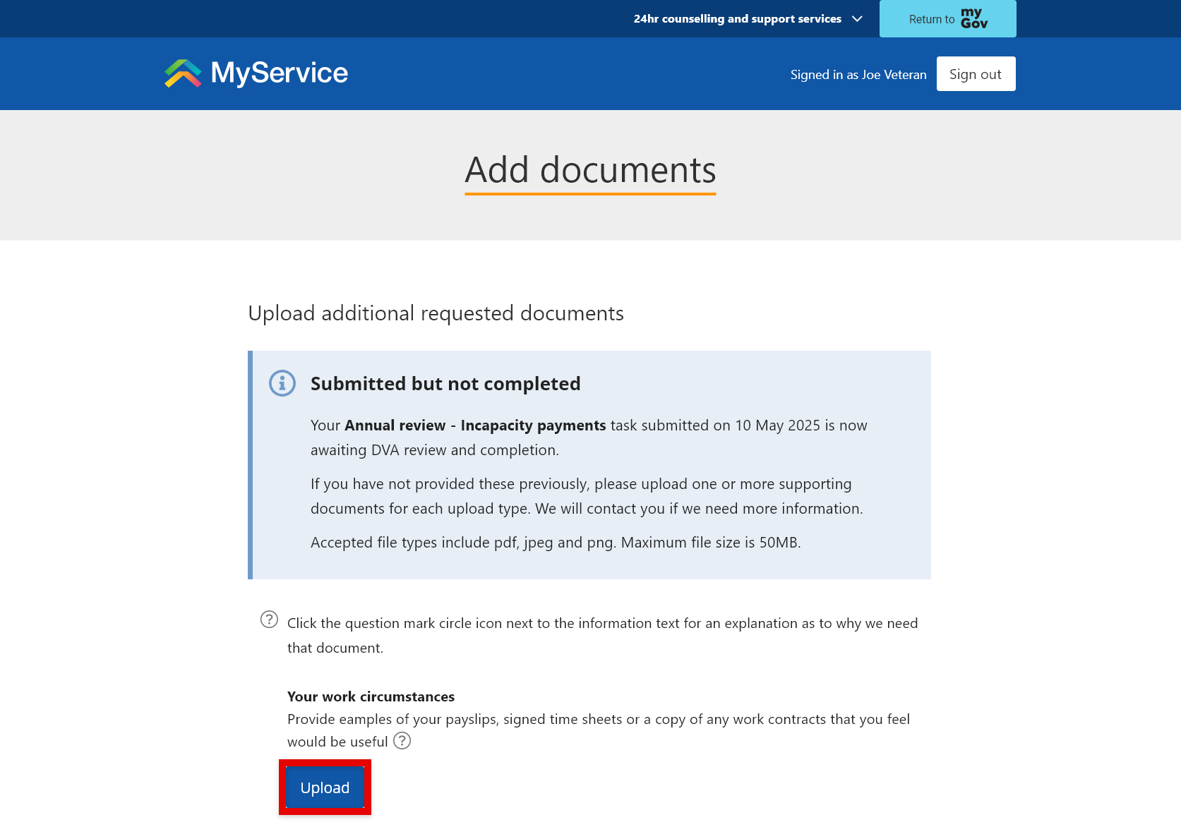 'Add documents' screen with 'Upload' link selected.