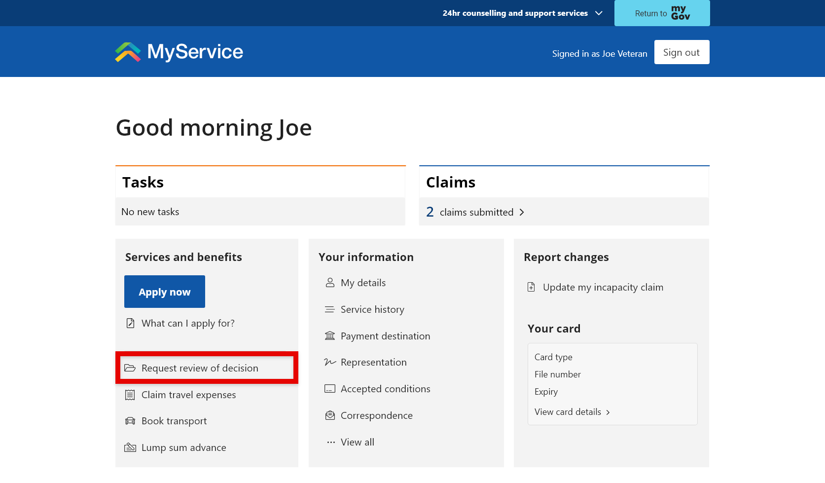 Home page screen. Showing how to select 'Request review of decision' option.