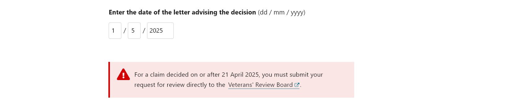 Screenshot of an error message with the VRB link.
