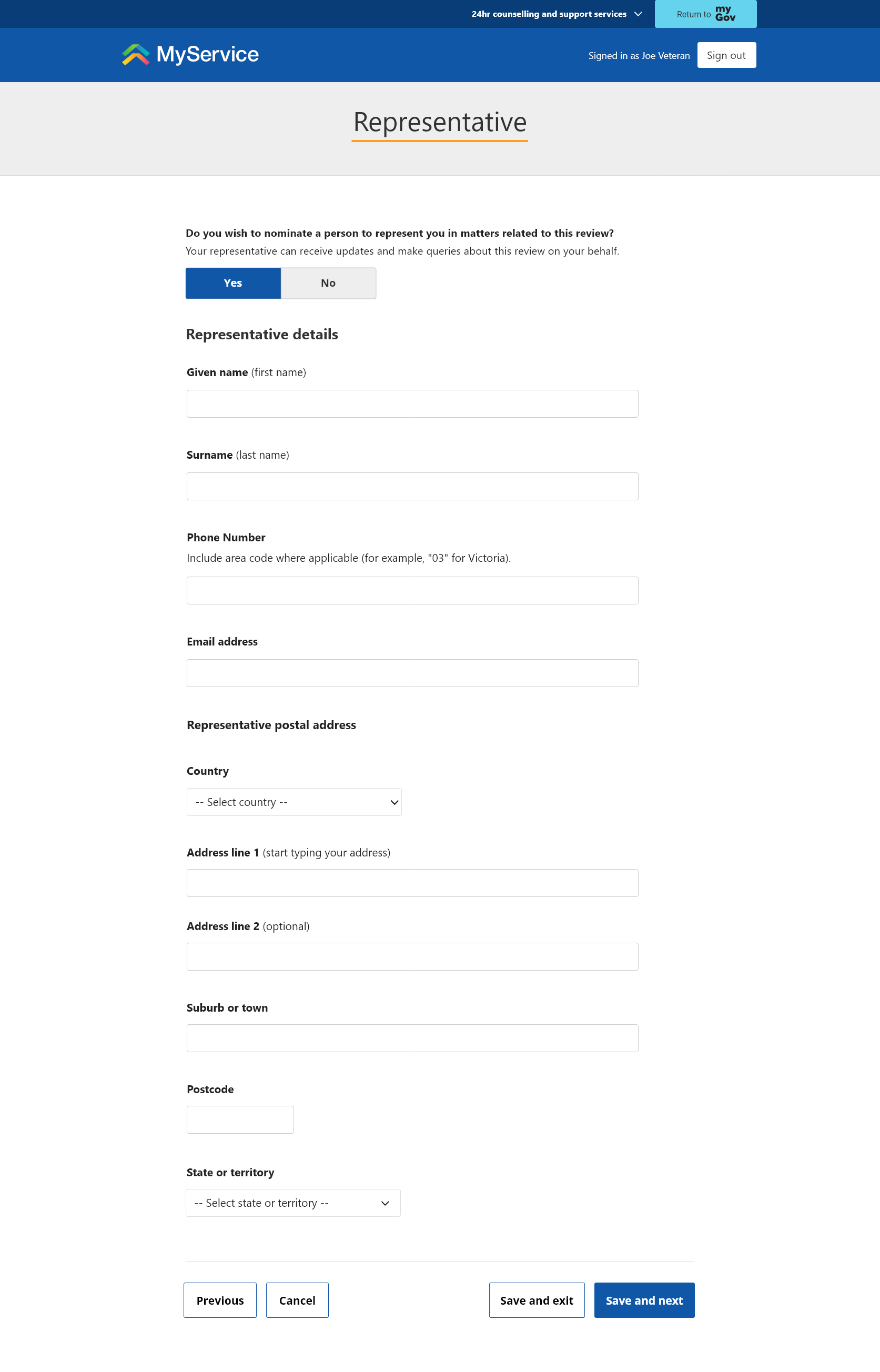 'Representative' screen.