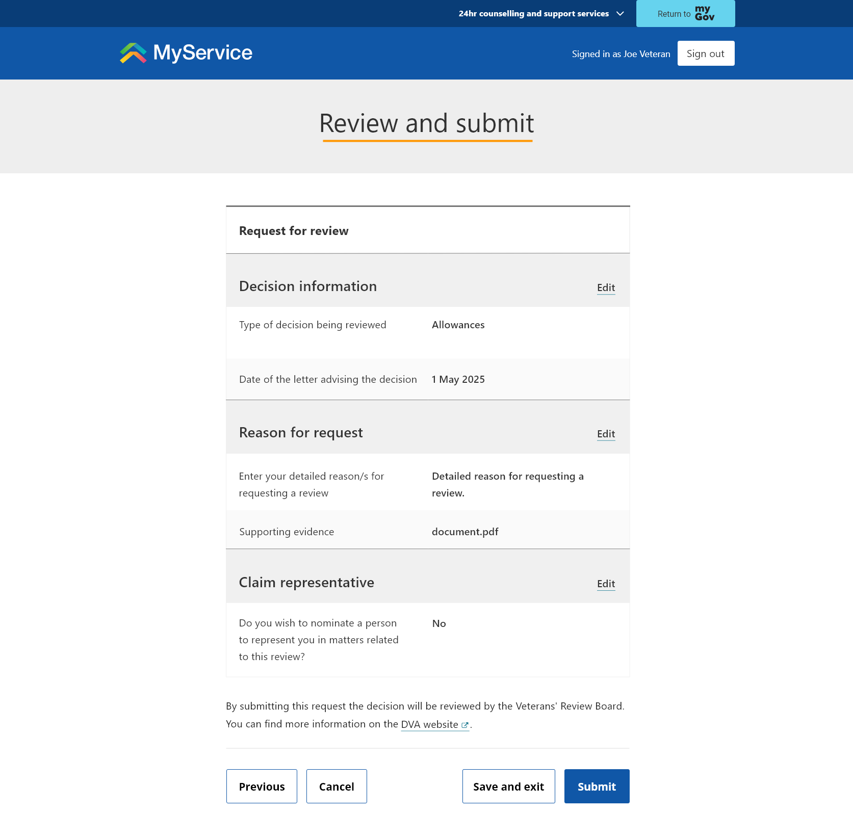 Review and submit' screen.