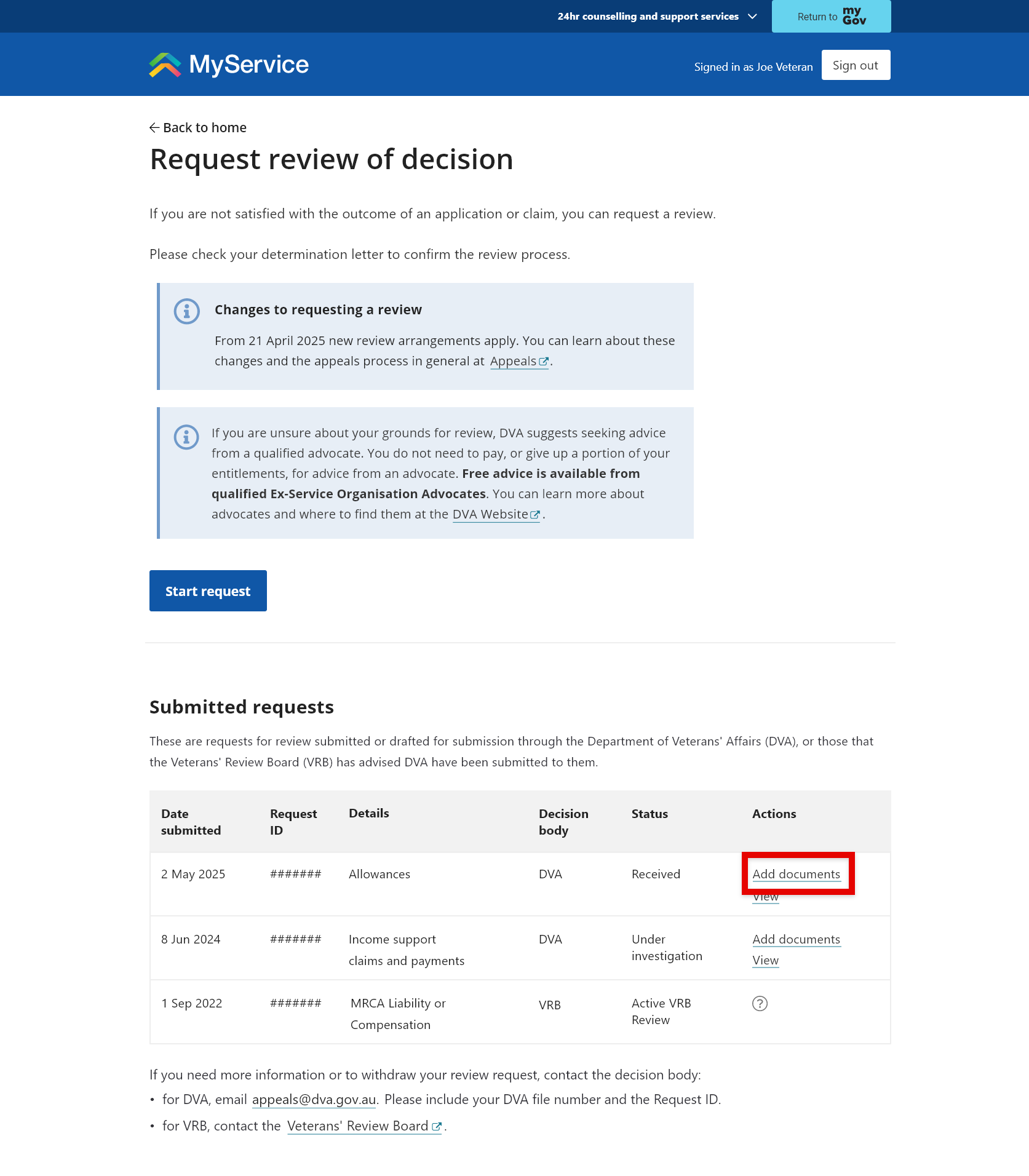 Request review of decision screen. 'Add documents' link selected.