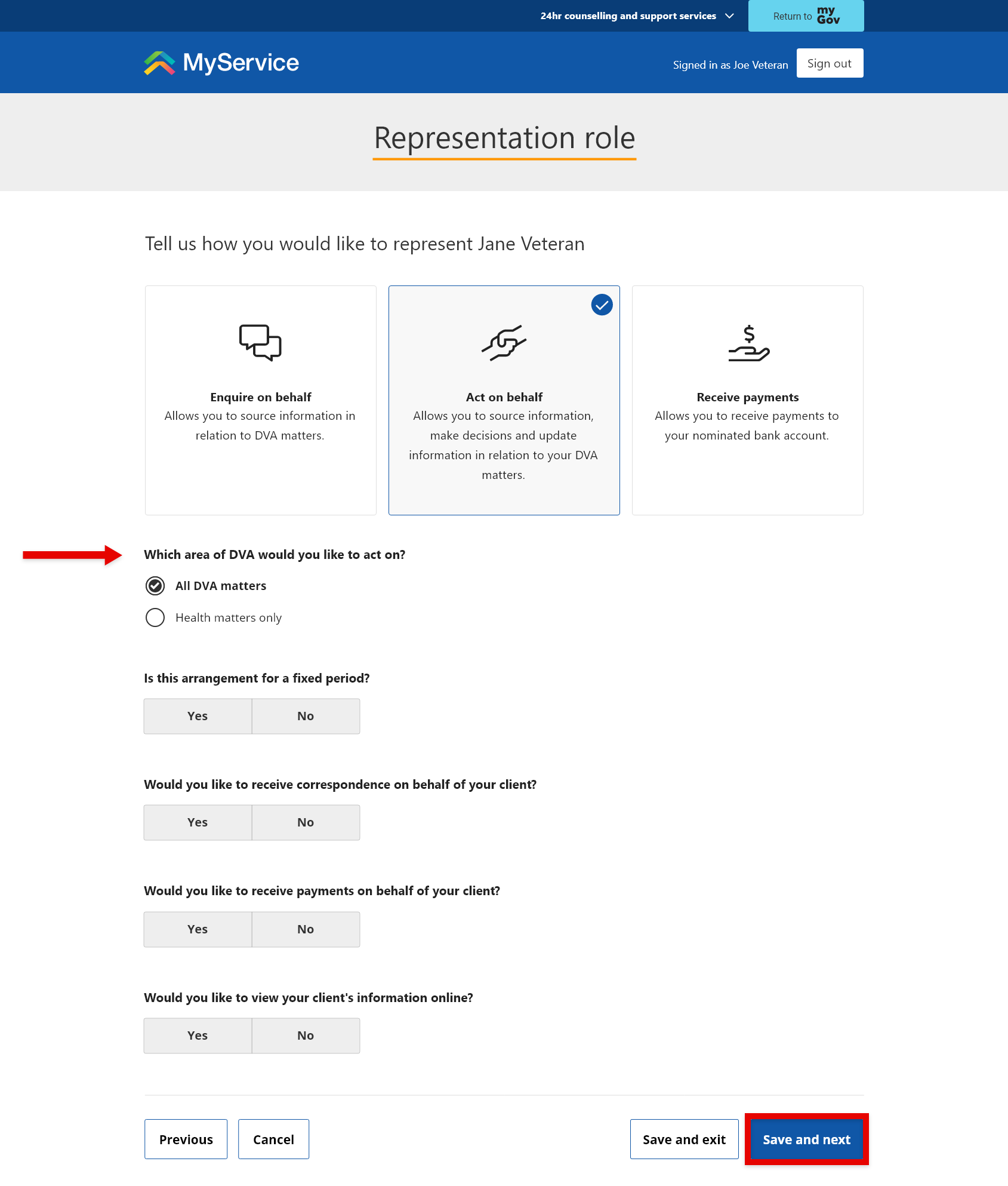 Representation role screen. Act on behalf selection.