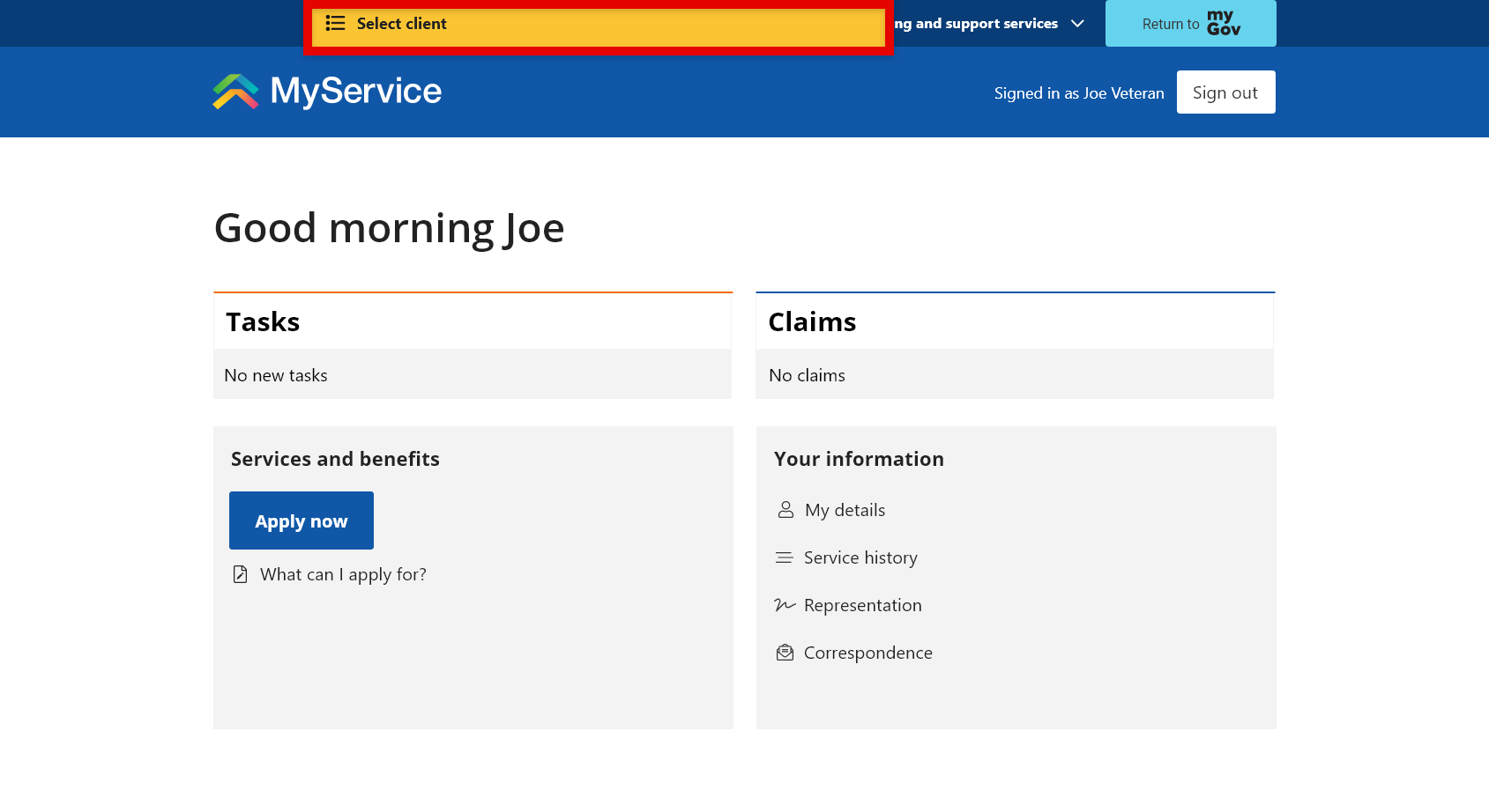 My Service Home page screen. Yellow bar - Select client displayed.