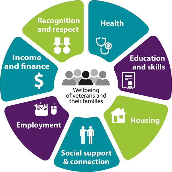 Infographic with seven segments  surrounding the following words: Wellbeing of veterans and their families.