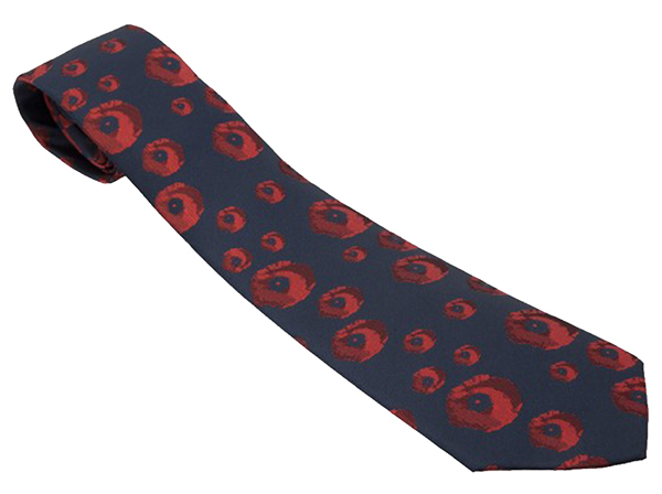 Blue tie with red poppies on it.