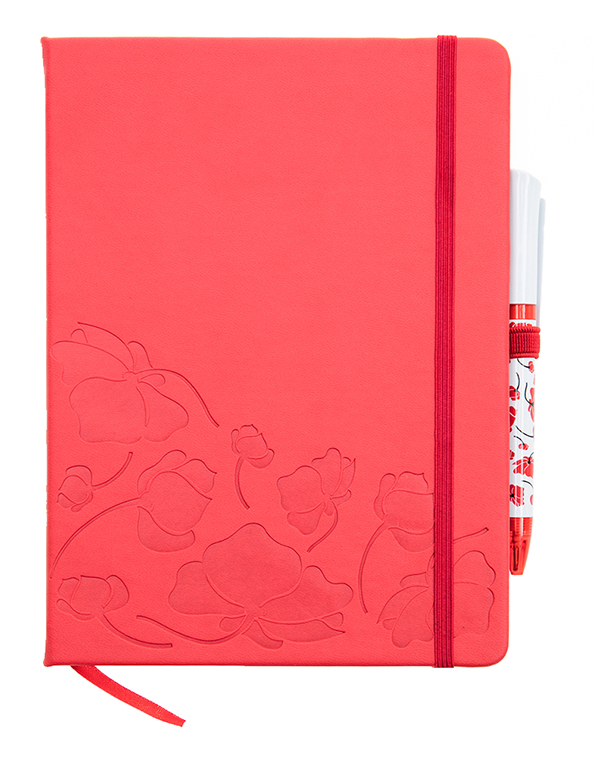 Red notebook with pen attached.