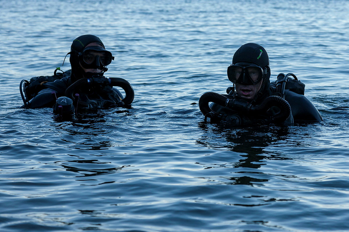 The heads and shoulders of two divers above the surface of the water