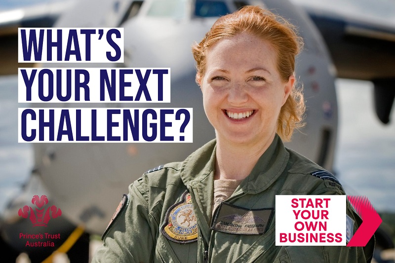 Smiling female RAAF officer standing in front of cargo plane with slogan saying 'What's your next challenge?'