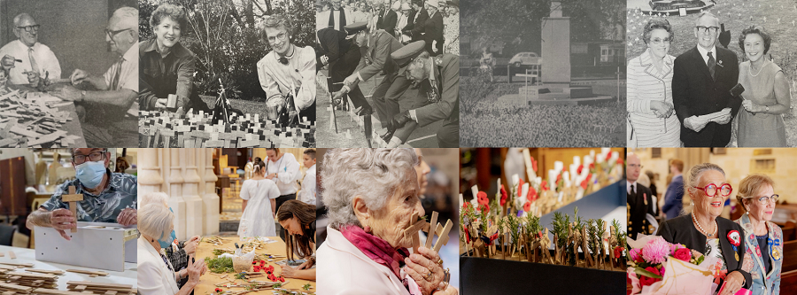 Montage of ten images from past and present showing widows at memorial service