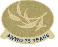 Lapel pin design with gum leaves and logo saying 'AWWQ 75 years'