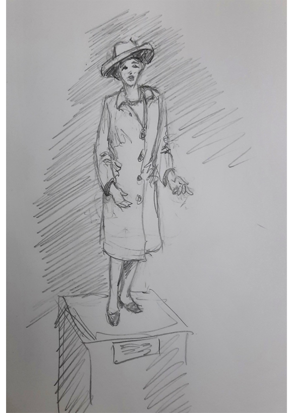 Pencil sketch of statue of woman in coat and hat on plinth