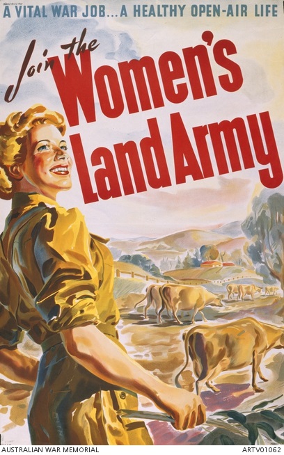 Propaganda poster with happy, strapping woman among cows, and words saying 'Join the Women's Land Army'