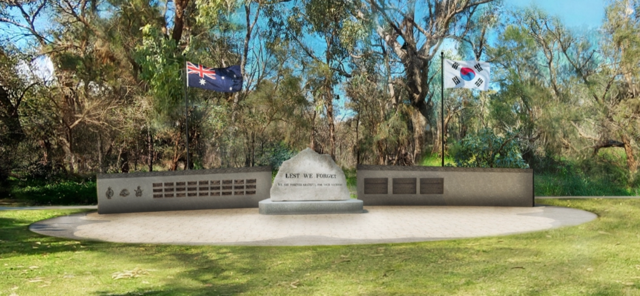 Memorial made up of large stone with plaques on low wall behind it, with Australian and Korean flags