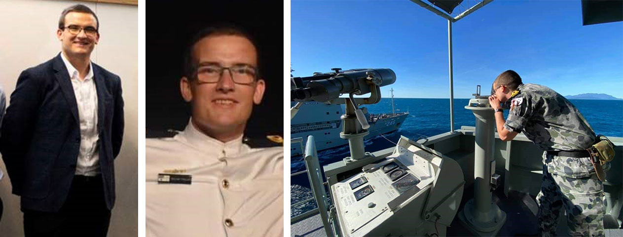 There are 3 images. First image is a young man wearing business attire and is standing in an office. Second image is a young man in ADF dress uniform wearing glasses and is smiling. Third image is a young man wearing ADF combat uniform on a navy ship looking out to another navy ship.