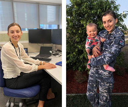 There are 2 images. First image is a women wearing ADF combat uniform holding a baby standing in front of a tree. Second image is a women wearing business attire sitting at a desk with computers.