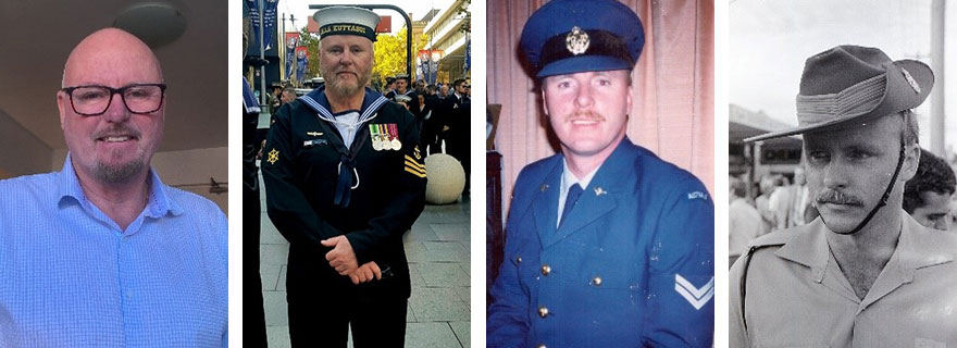 There are 4 images. First image is a middle aged man wearing glasses and business shirt. Second image is a man wearing ADF uniform standing in the street. Third image is a man wearing ADF uniform smiling. Fourth image is a young man wearing ADF uniform standing outside.