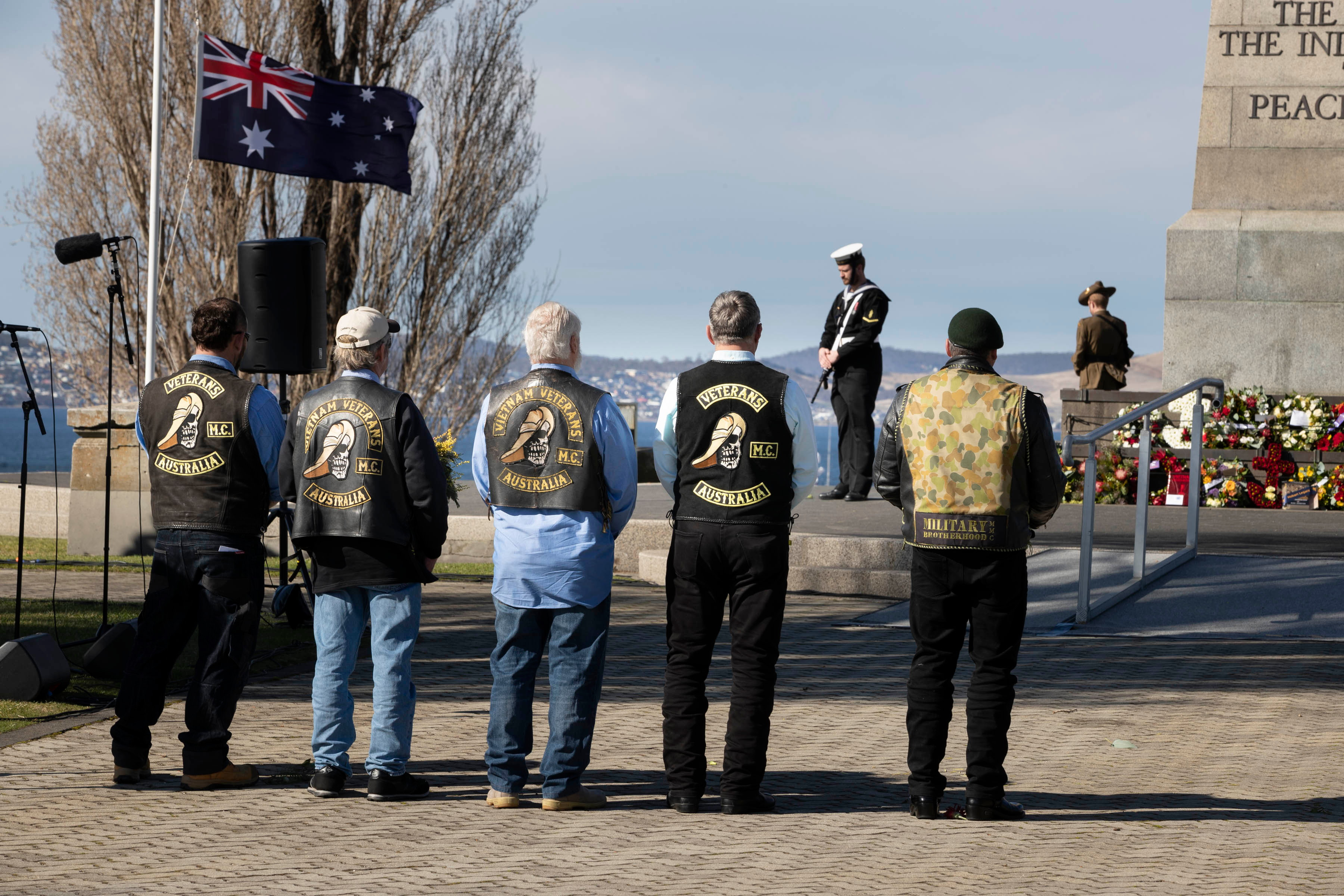 Members from the Vietnam Veterans Motorcycle Club at the Cenotaph during Vietnam Veterans Day commemorations, in Hobart, Tasmania