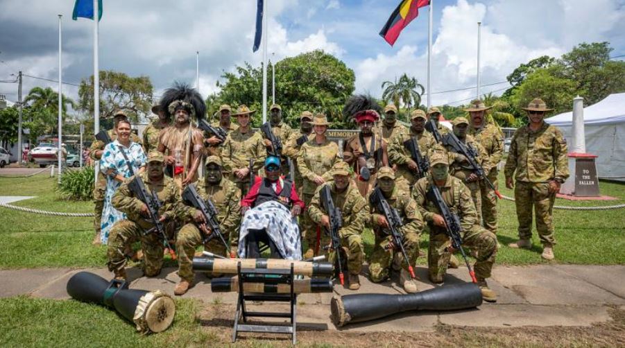 Photo of Torres Strait Islander soldiers with civilians