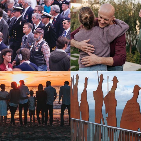 collage of images of people embracing and and standing watching sunset