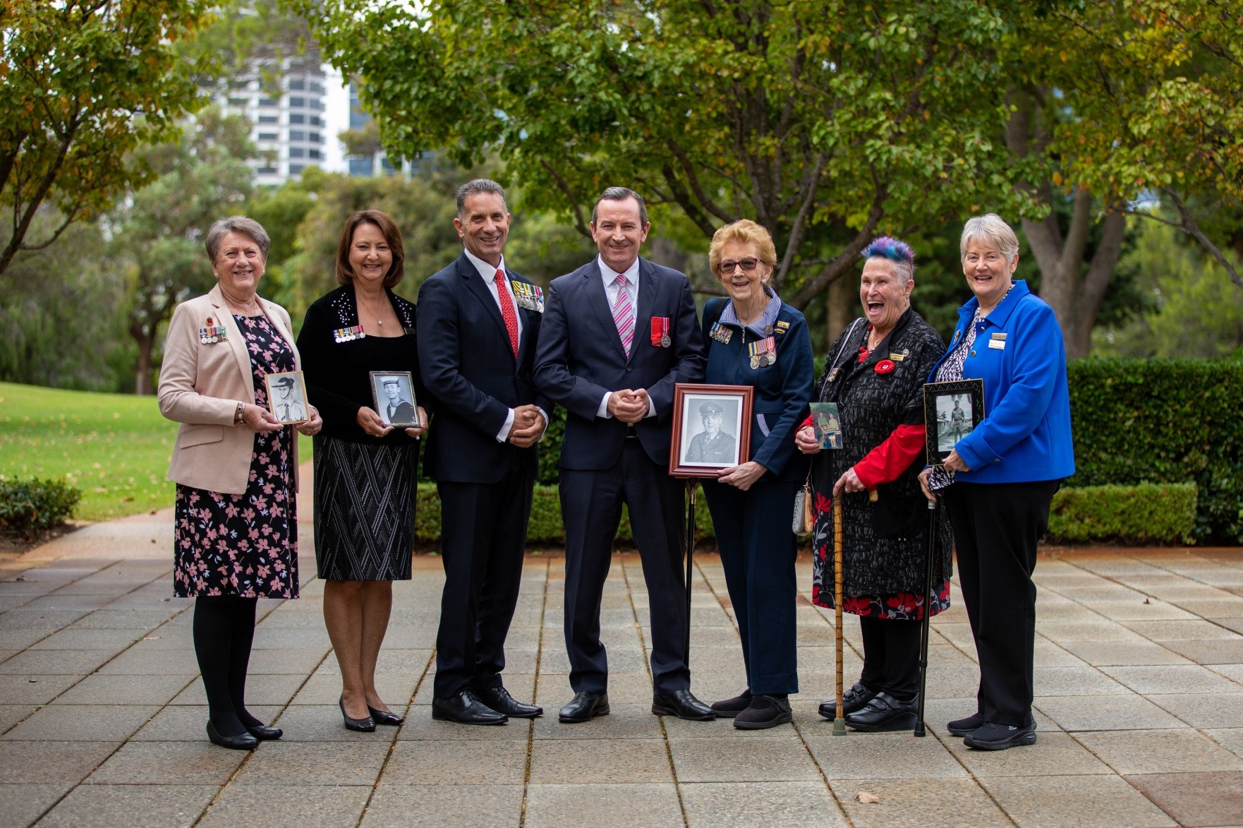 L to R: Mrs Kay Hair; Ms Emily Cook; Paul Papalia, Minister for Veterans Issues; Mark McGowan, former Premier; Mrs Hazel Donald; Mrs Sue Wilson; Mrs Jan McLeod