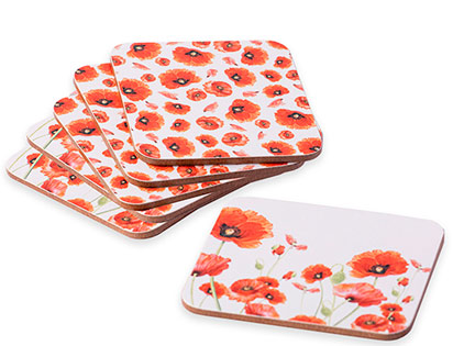 Set of coasters with red poppies printed