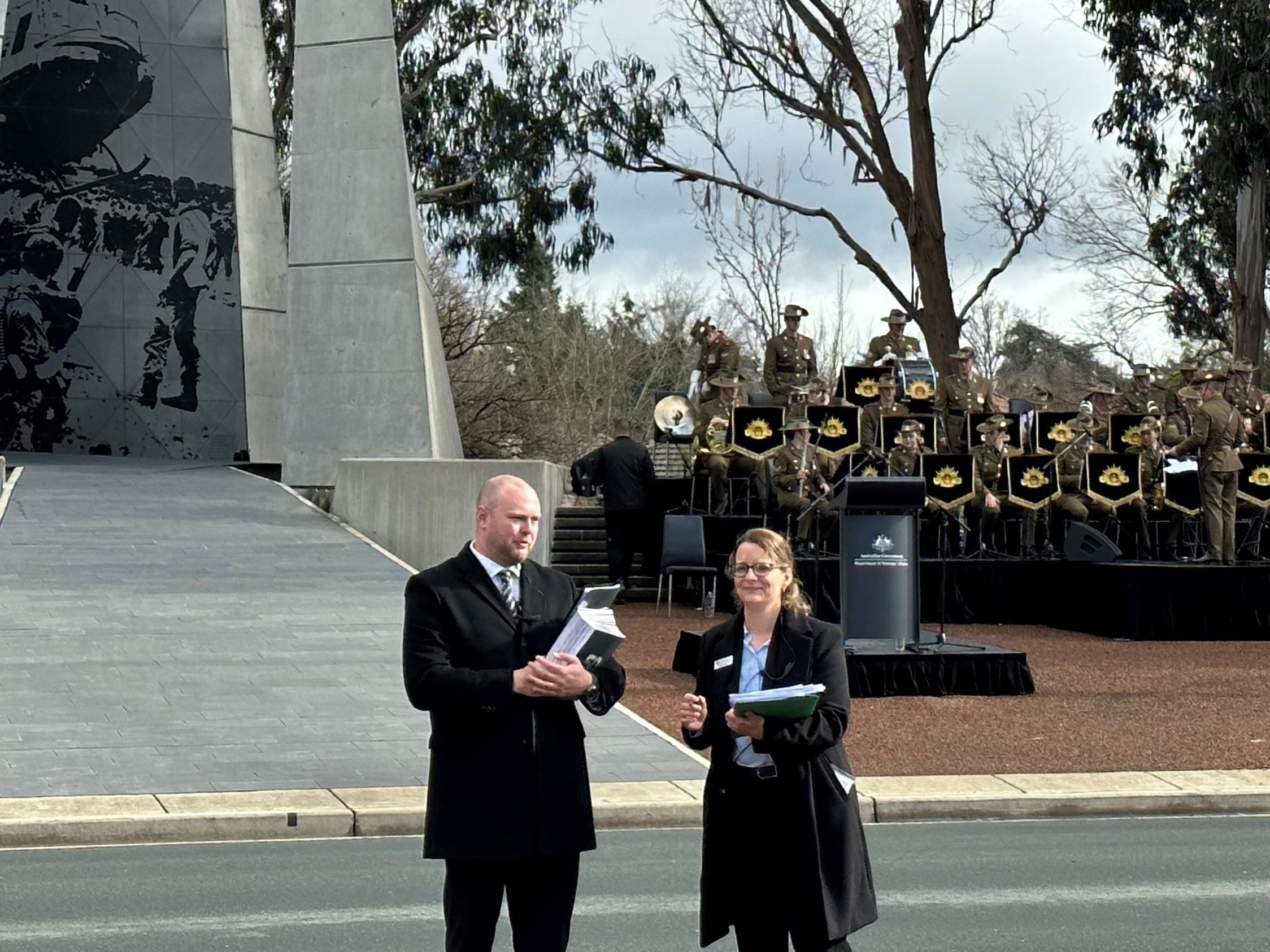 DVA’s Rory Walker and Elspeth Forster are ready for the start of the Vietnam War 50th anniversary commemorative service.