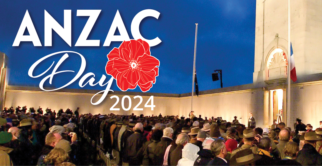 Anzac Day 2024 logo with poppy over image of crowd of people facing memorial at Anzac Day Dawn service at Villers-Brettoneux, France