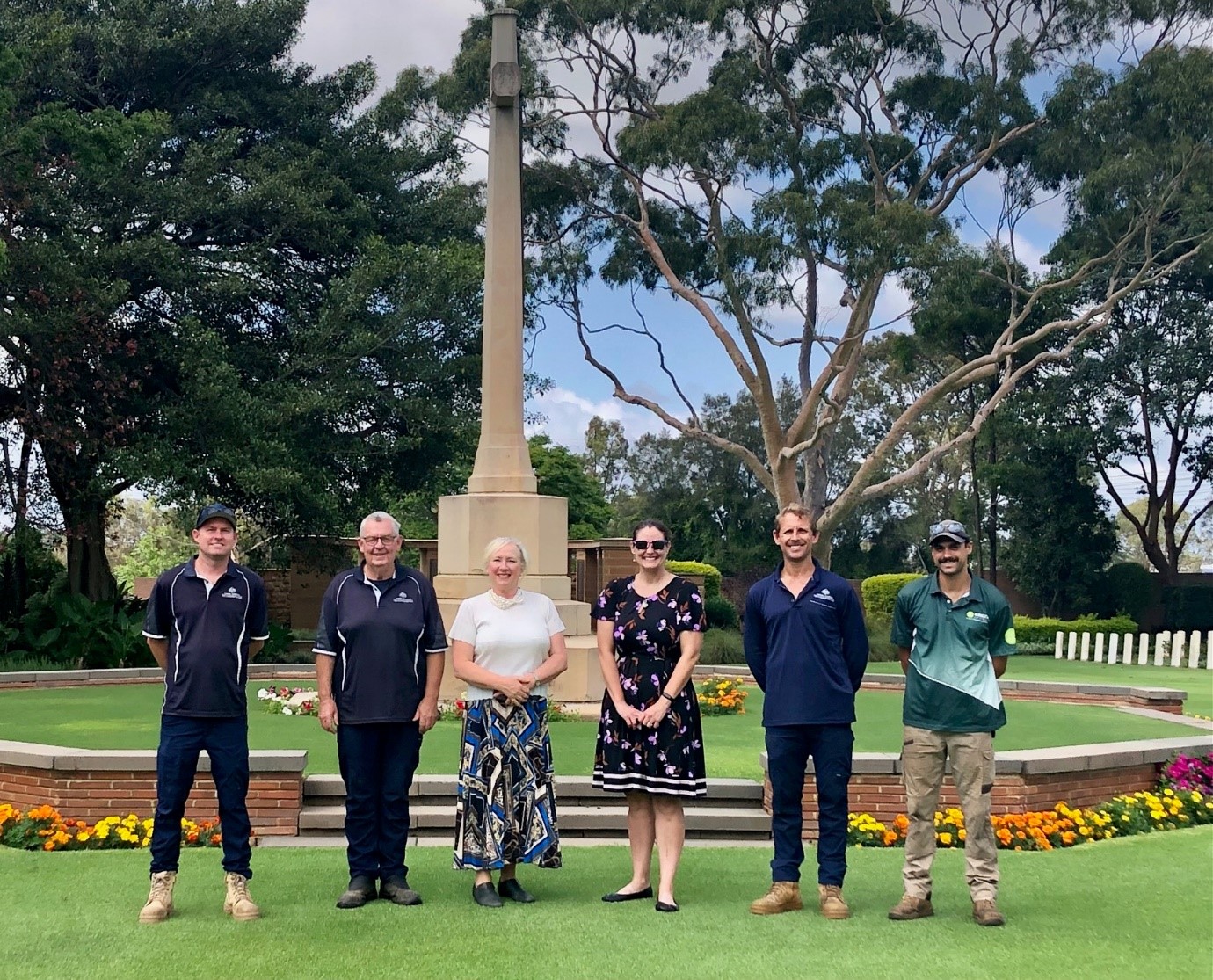 L-R: Corey Wiegold, Geoff Taplin, Claire Horton, Alison McLaren, Matthew Fenney and Mitch Hayne at the Cross of Sacrifice, Sydney War Cemetery