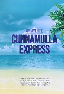 Cunnamulla Express. In the background: a beach, blue sky and palms.