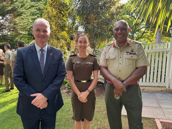 Lyndsay Freeman with Matt Anderson (left), Director of the Australian War Memorial, and Brigadier General Covunisaqa, Commander Land Forces, the Republic of Fiji Military 