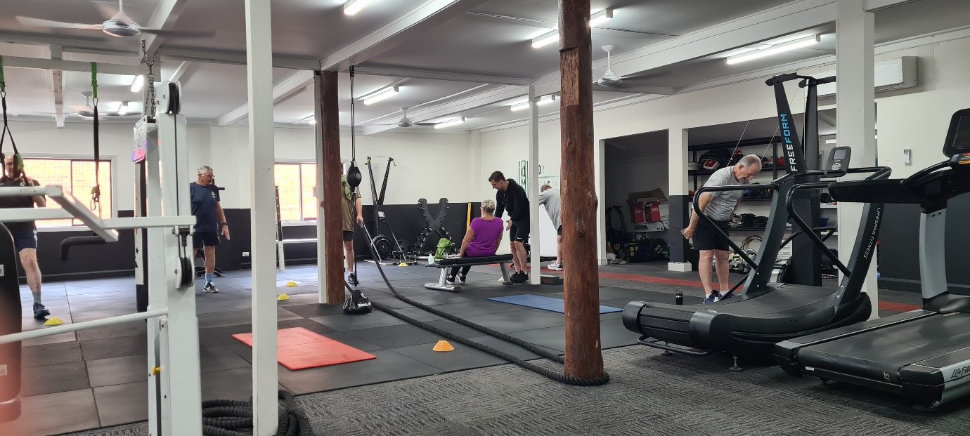 The Wingham RSL group exercising at the Body Strength Health & Fitness gym.