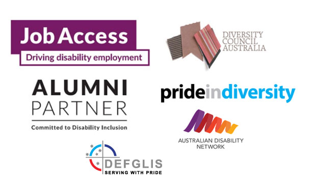 6 Diversity partner logos, Job Access, Diversity Council Australia, Alumni Partner, Australian Disability Network and DEFGLIS