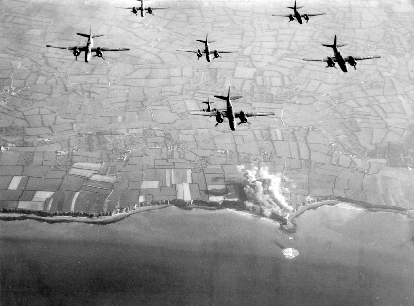 Bombing of Pointe Du Hoc by A-20 Havoc bombers of the 9th Air Force