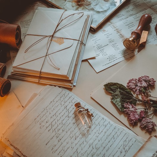 Letters, envelopes, dried flowers, seal