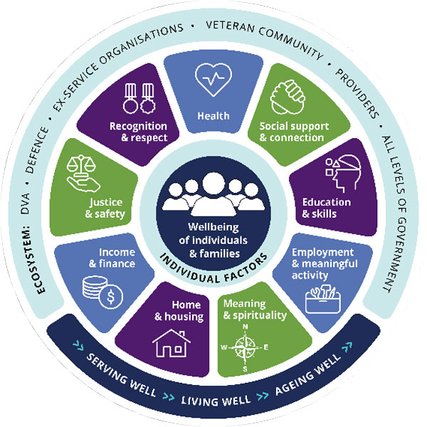 A circle with coloured segments show individual factors affecting the wellbeing of individuals and families