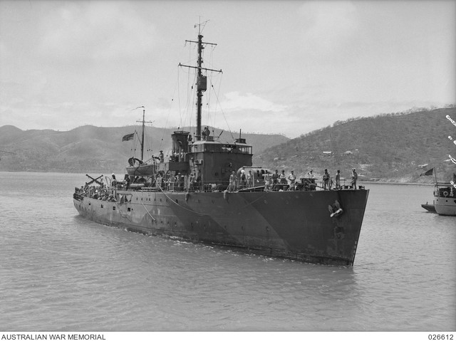 The Bathurst class Corvette, HMAS Armidale, in Port Moresby harbour, after successfully convoying troopships and supply vessels from Australia.(Australian War Memorial, No. 026612)