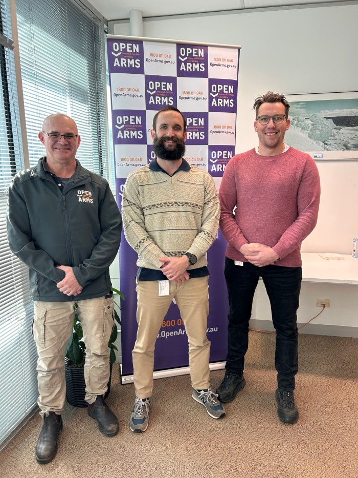 Image (L to R): Open Arms Lived Experience Peers Shane Morgan, Kyle Moyle and Gerard Burke