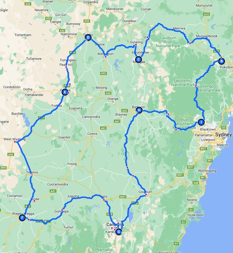 Map of NSW showing route taken by Scootaville