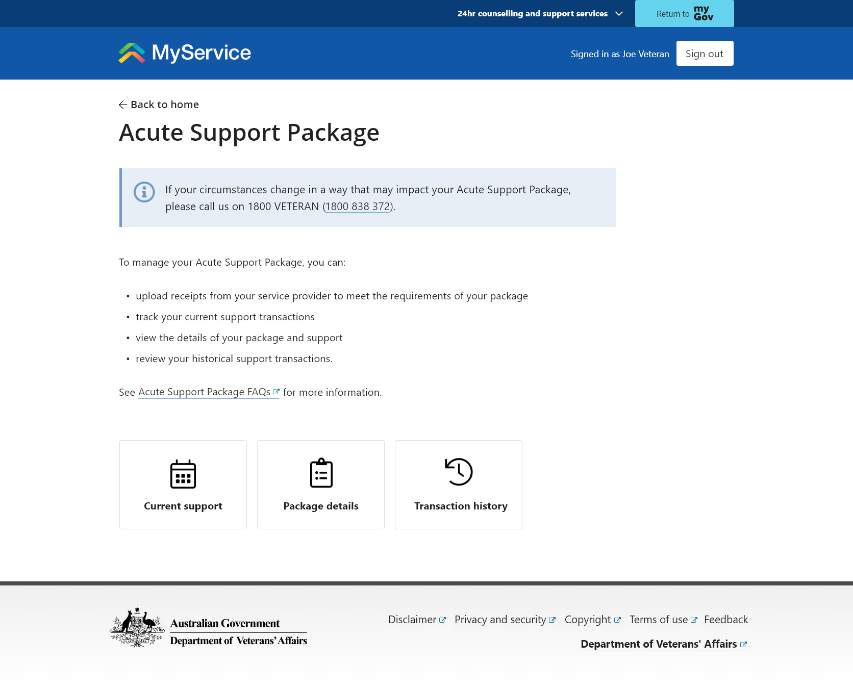 'Acute Support Package' screen.