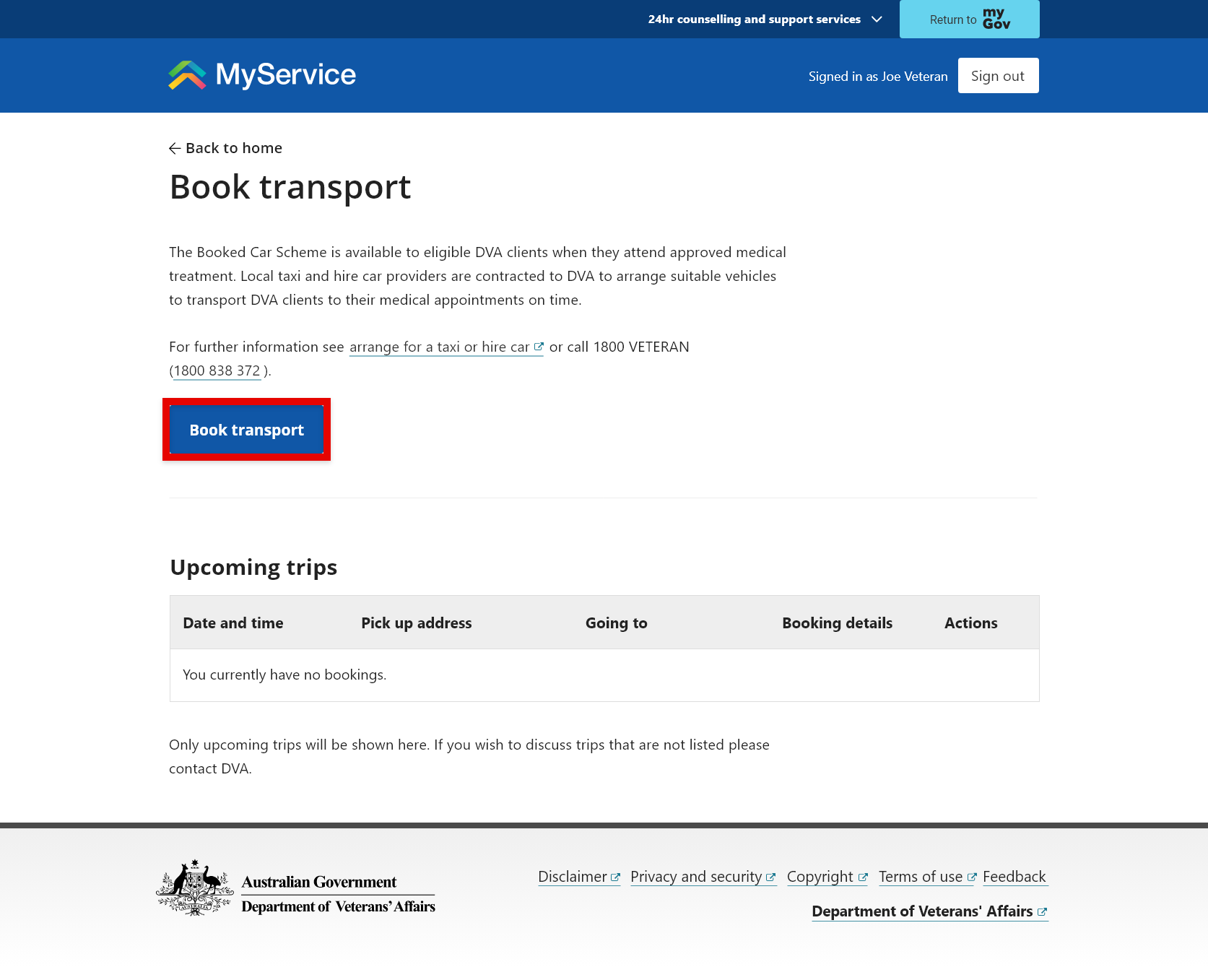 'Book transport' screen.