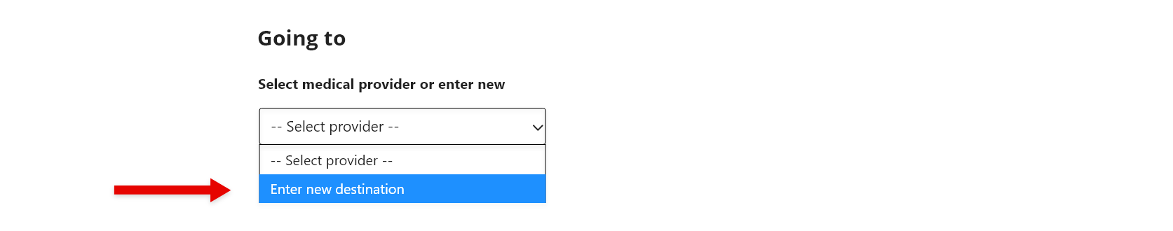 Screenshot to show how to select 'Enter new destination' option.