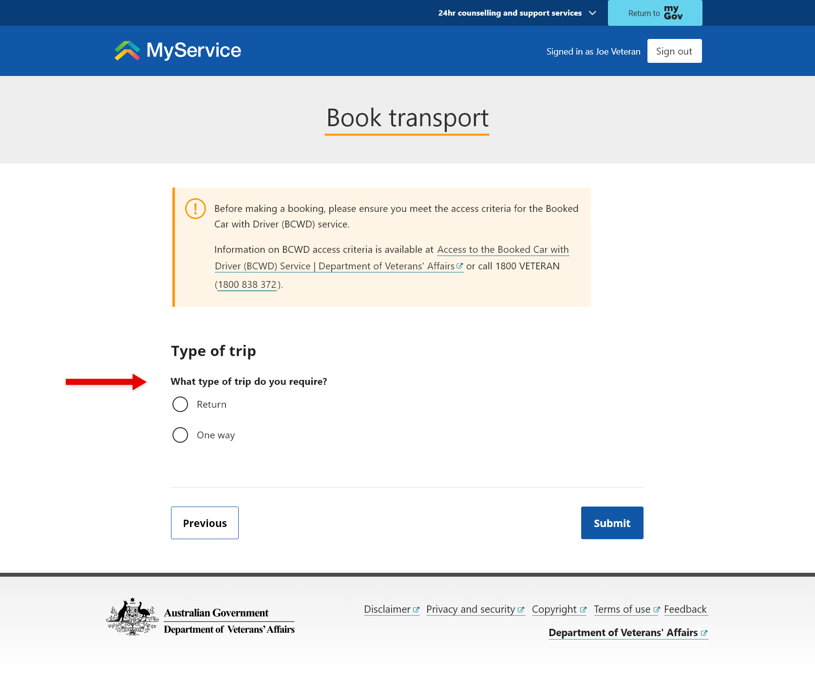 'Book transport' screen.