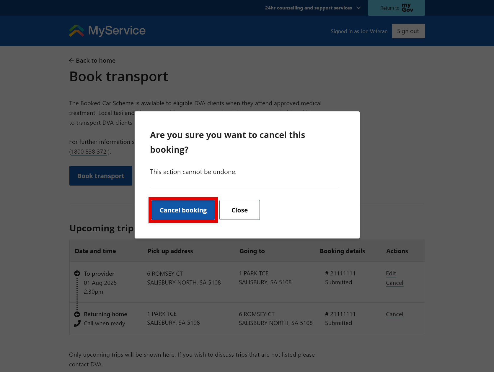 Screenshot to illustrate how to cancel the booking.