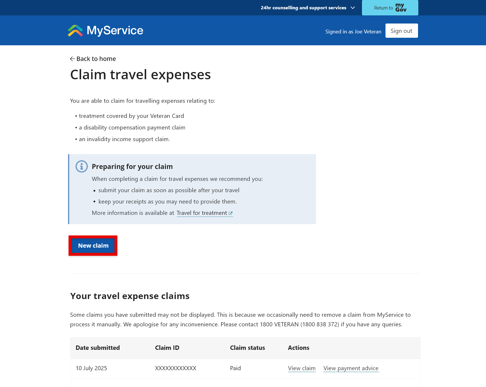 Claim travel expenses screenshot with new 'New claim' link selected.