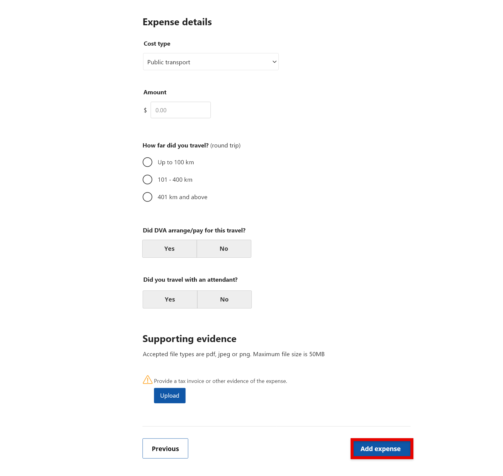 Screenshot of expense details. 'Add expense' submit button selected.