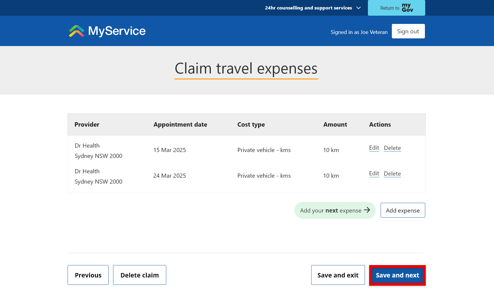 'Claim travel expenses' screen. 'Save and next' selected.